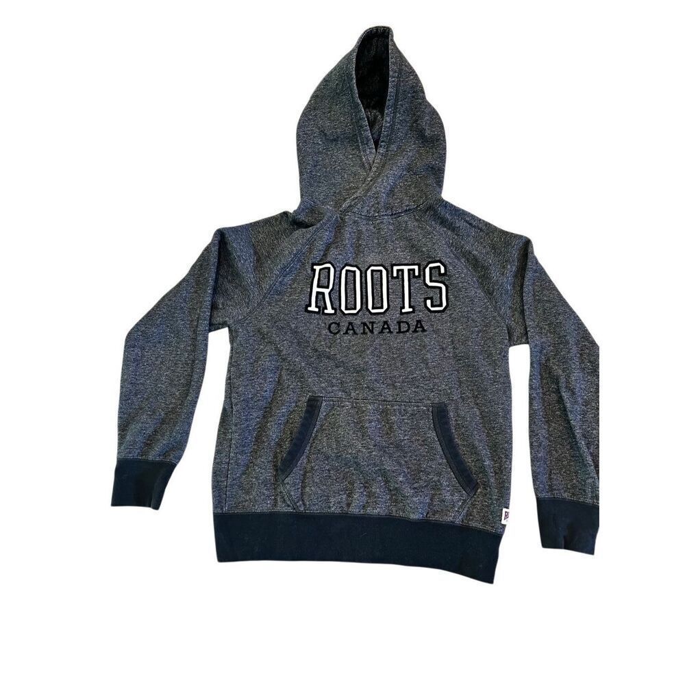 Roots Canada Hooded Sweatshirt Heathered Gray & Black Hoodie Velvet Letters M